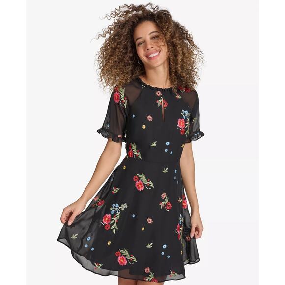 Kensie Dresses & Skirts - Kensie Black Dress Women's 16 Plus Size Embroidered Floral Chiffon Date Night